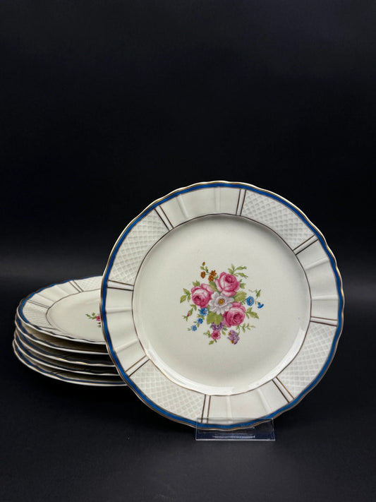6 assiettes à dessert Bernardaud Limoges B&Co décor floral et filet bleu or