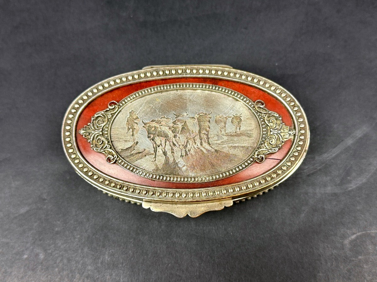 Boîte, coffret à bijoux en cuivre argenté, scène champêtre