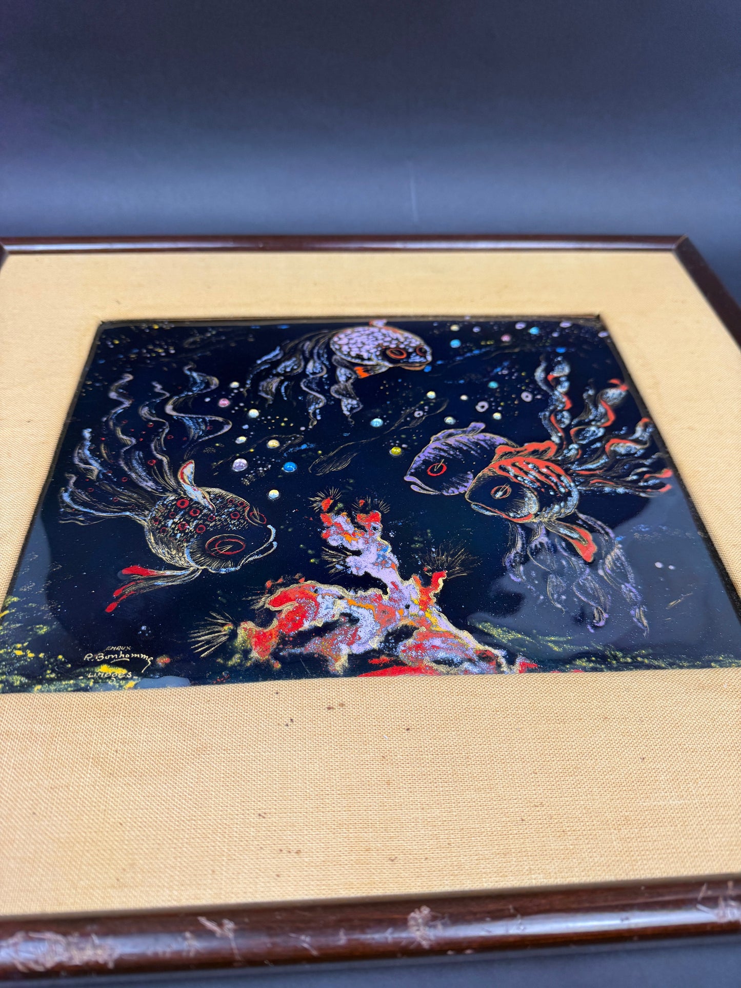 René Bonhomme – Émaux de Limoges – Poissons – Plaque émaillée XXe siècle
