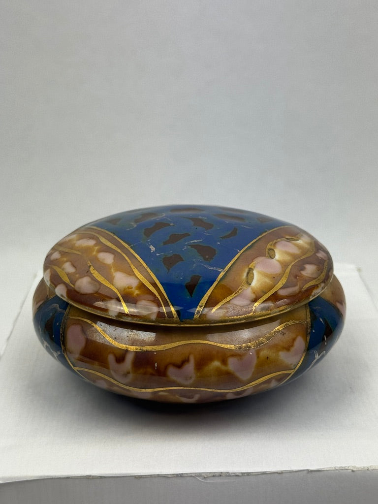 Bonbonnière Tharaud Limoges émail bleu et brun à décor doré – vers 1950