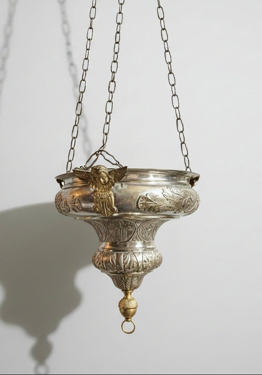 Lampe de sanctuaire ancienne laiton argenté ange ailé 130 cm