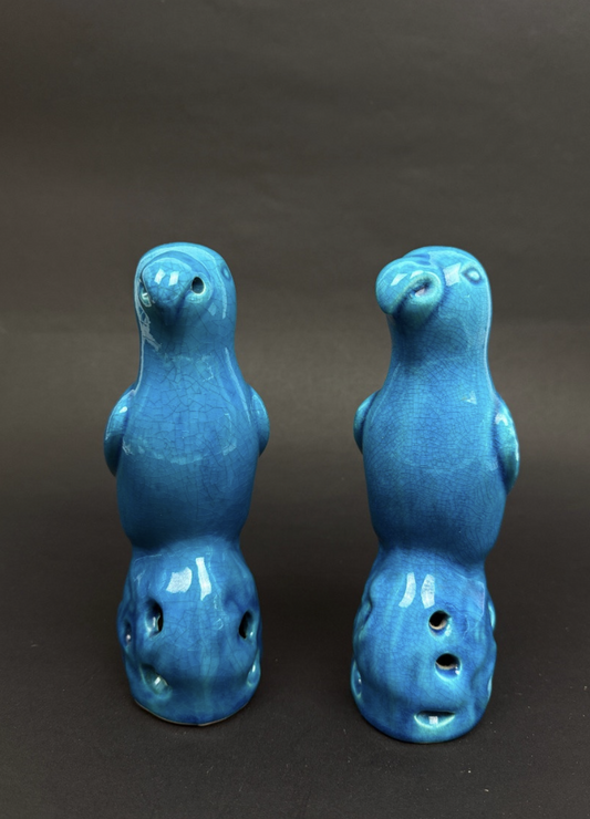 Paire de perruches en porcelaine bleue de Chine