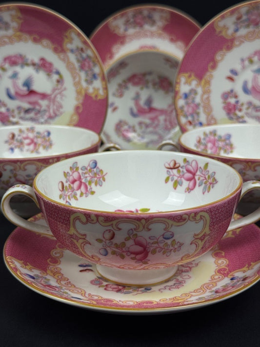 Minton, suite de 6 tasses à bouillon, pink cockatrice, oiseau de Paradis rose