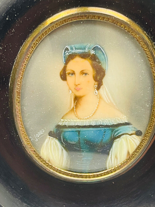 Belle miniature portrait de Dame à la robe bleue