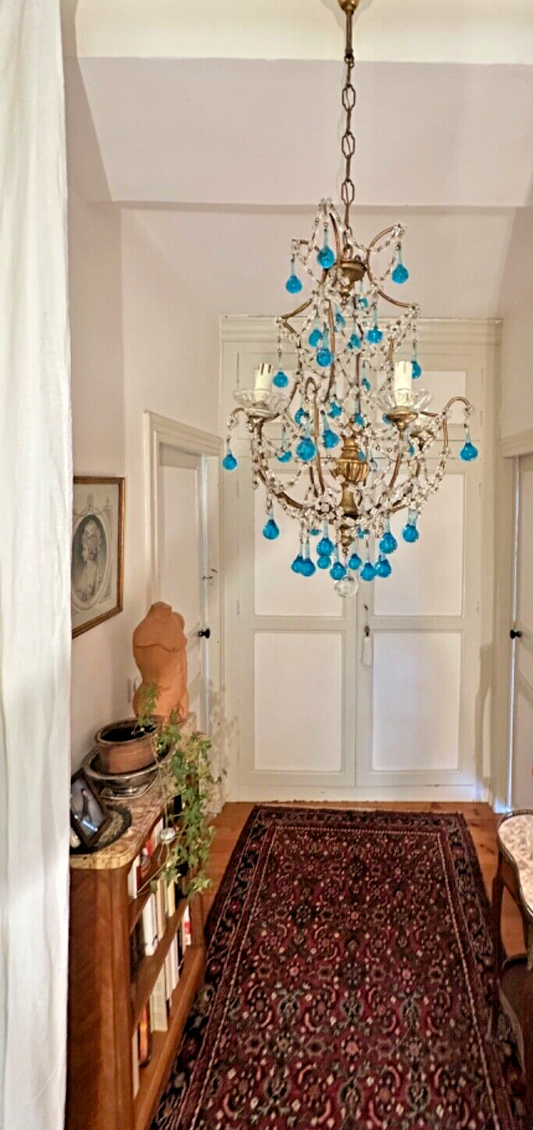 Lustre à pampilles italien perles bleues et bois doré