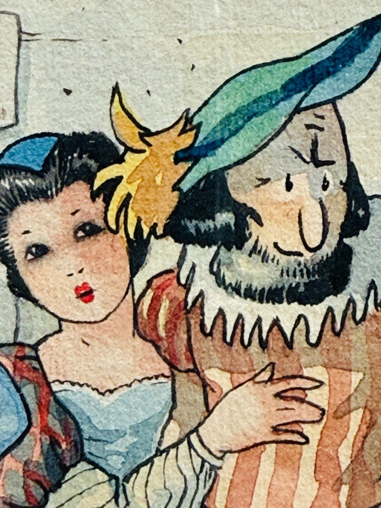 André Reuze (1896–1984) Aquarelle originale Scène de rue médiévale