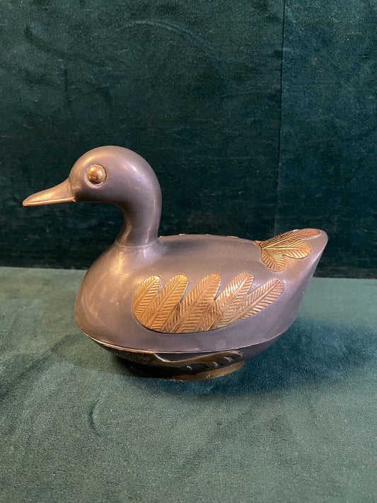 Boîte en forme de canard en étain et laiton, décoration vintage