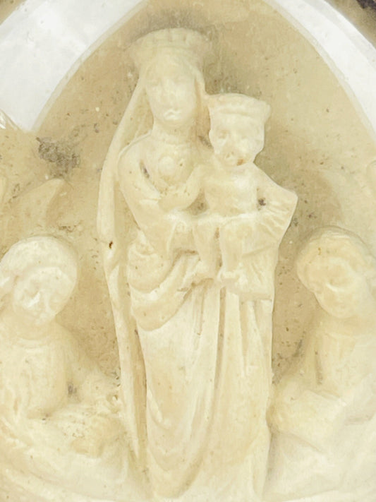 Ancien cadre reliquaire concrétion calcaire, Vierge et Enfant Jésus 19ème