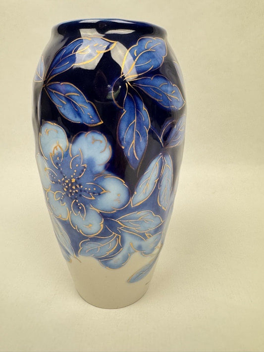 Vase n°7 Tharaud - Années 1950/60 - Décor Floral sur Fond Bleu et Or