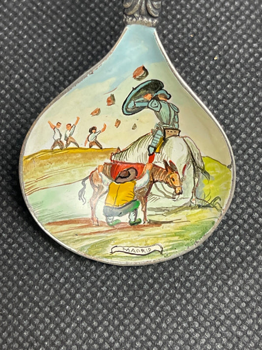 Rare cuillère souvenir émaillée Don Quichotte, moulin, souvenir de Madrid