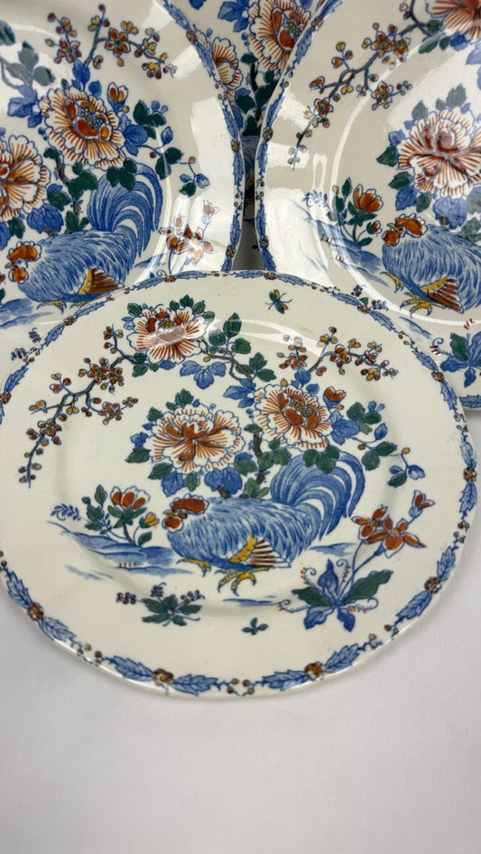 Gien 1875, suite de 6 assiettes plates Coq et pivoines