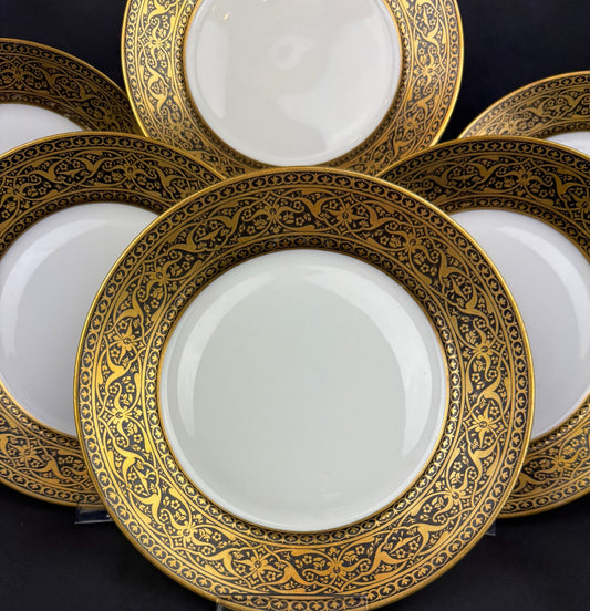 6 assiettes anciennes Limoges F Legrand noir et or, 18,5 cm