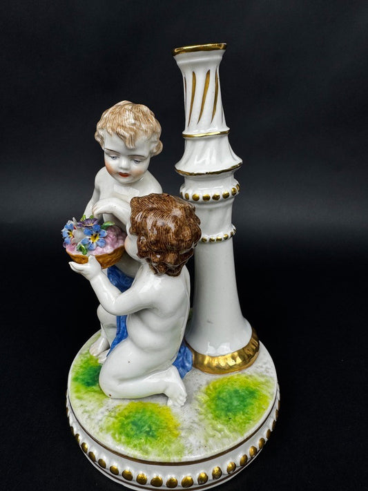 Pied de lampe, bougeoir ancien en porcelaine de Dresde, putti fleuris, XIXe
