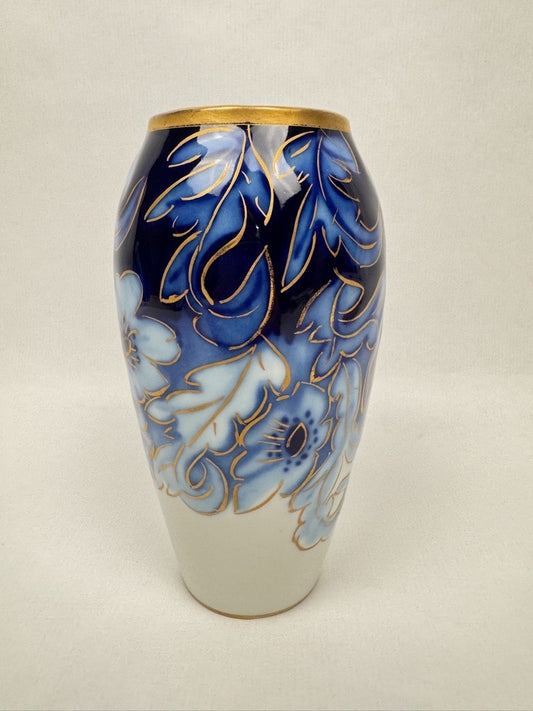 Vase n°6 Tharaud - Années 1950/60 - Décor Floral sur Fond Bleu Nuit, Filets Or