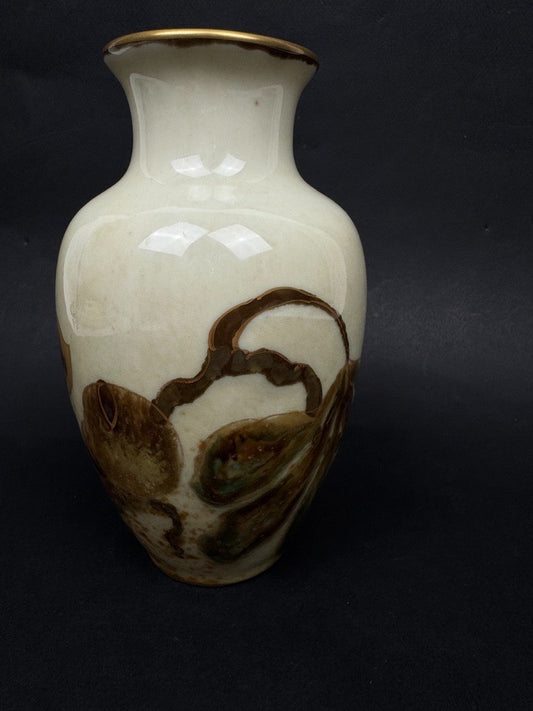 Vase n°9 manufacture Tharaud, vers 1950-1960, porcelaine brune aux feuilles