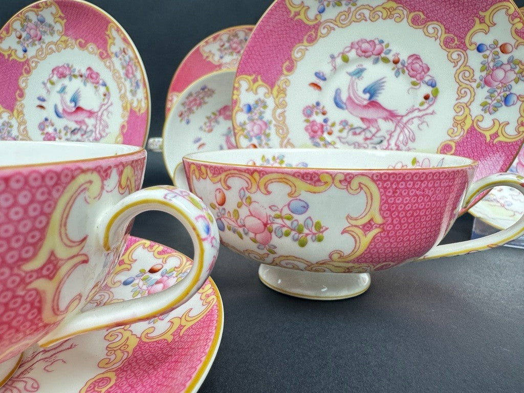Minton, suite de 6 tasses à bouillon, pink cockatrice, oiseau de Paradis rose