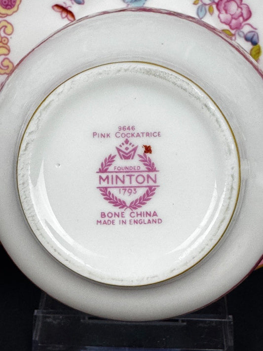 Minton, service à thé, 6 tasses et 3 pièces de forme, pink cockatrice, oiseau de
