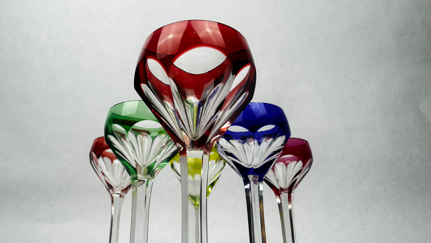 Lot de 6 verres à liqueur en cristal doublé coloré – Saint-Louis – Modèle Bristol – H. 13 cm
