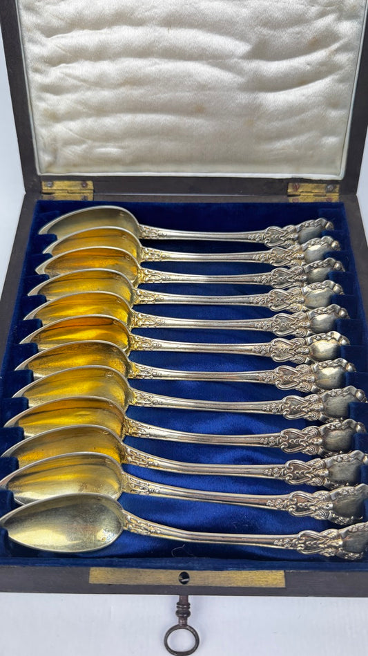 12 cuillères dessert vermeil argent Minerve XIXe rocaille coffret poirier noirci
