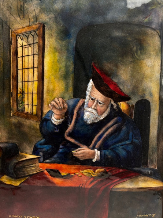 Émail de Limoges signé Bonnet – « Le Changeur » d’après Koninck – grand format 39x45 cm