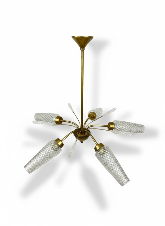 Lustre vintage en laiton et verre taillé – Italie, années 50