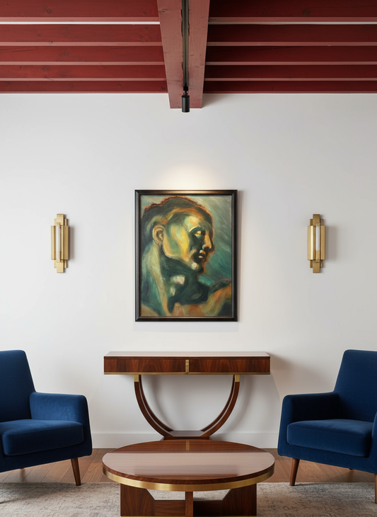 Huile sur carton – Étude stylisée Art Déco d’après l’Adam de la Chapelle Sixtine – 60 x 80 cm