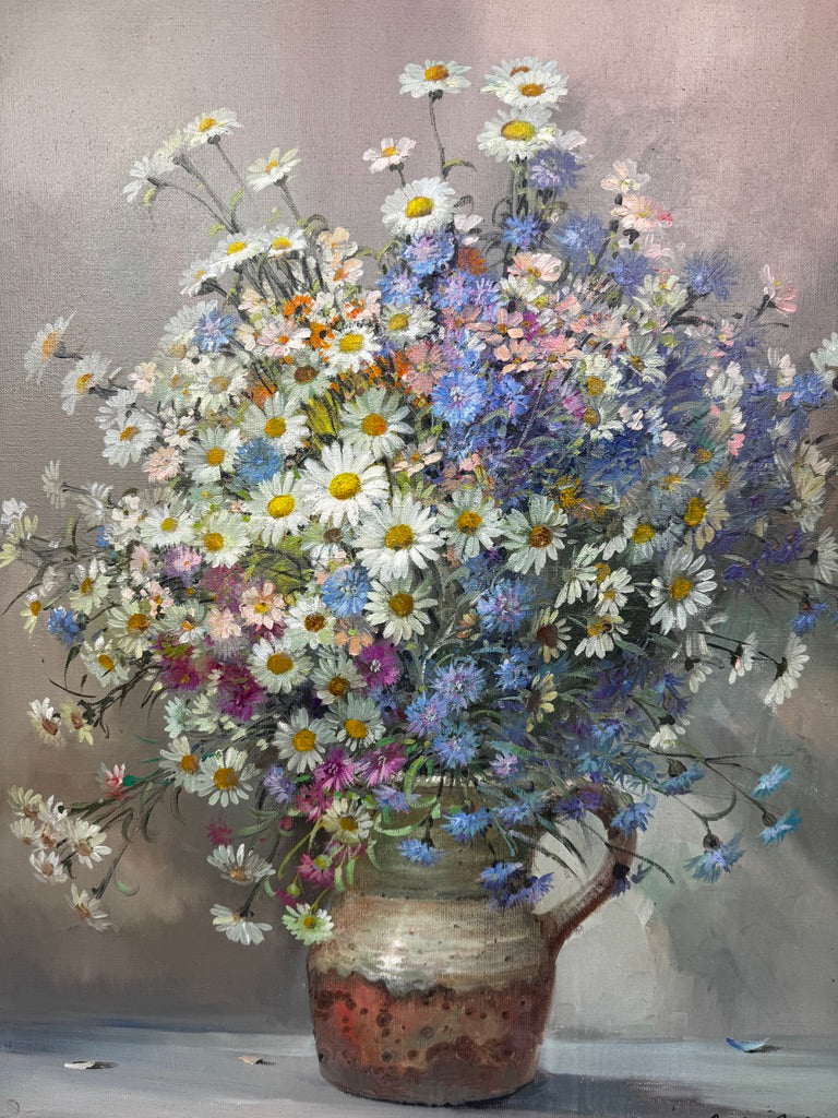 André Robert – Bouquet champêtre dans un pichet en grès – Huile sur toile, 90 × 70 cm