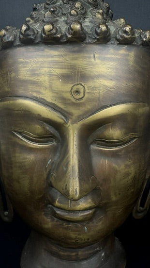 Tête de Bouddha Bronze Massif 25cm Sculpture Asie Vintage Patinée