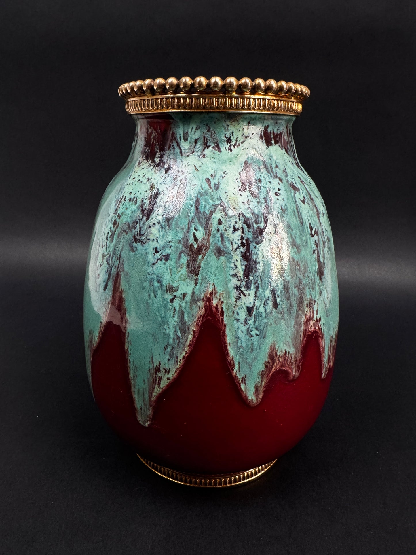Vase CAB (Céramique d’Art de Bordeaux) – glaçure vert turquoise & rouge-bordeaux