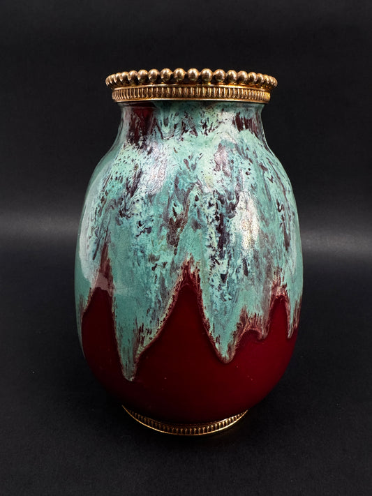 Vase CAB (Céramique d’Art de Bordeaux) – glaçure vert turquoise & rouge-bordeaux