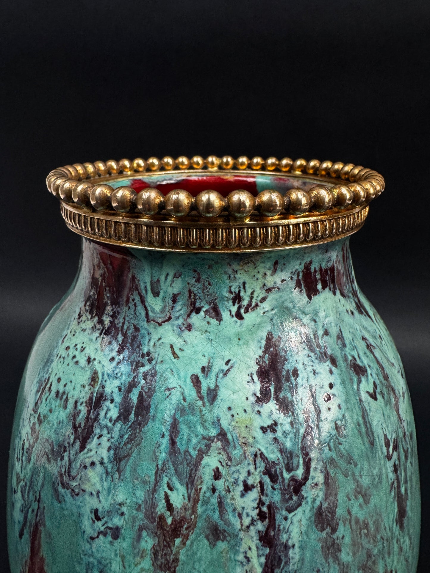 Vase CAB (Céramique d’Art de Bordeaux) – glaçure vert turquoise & rouge-bordeaux