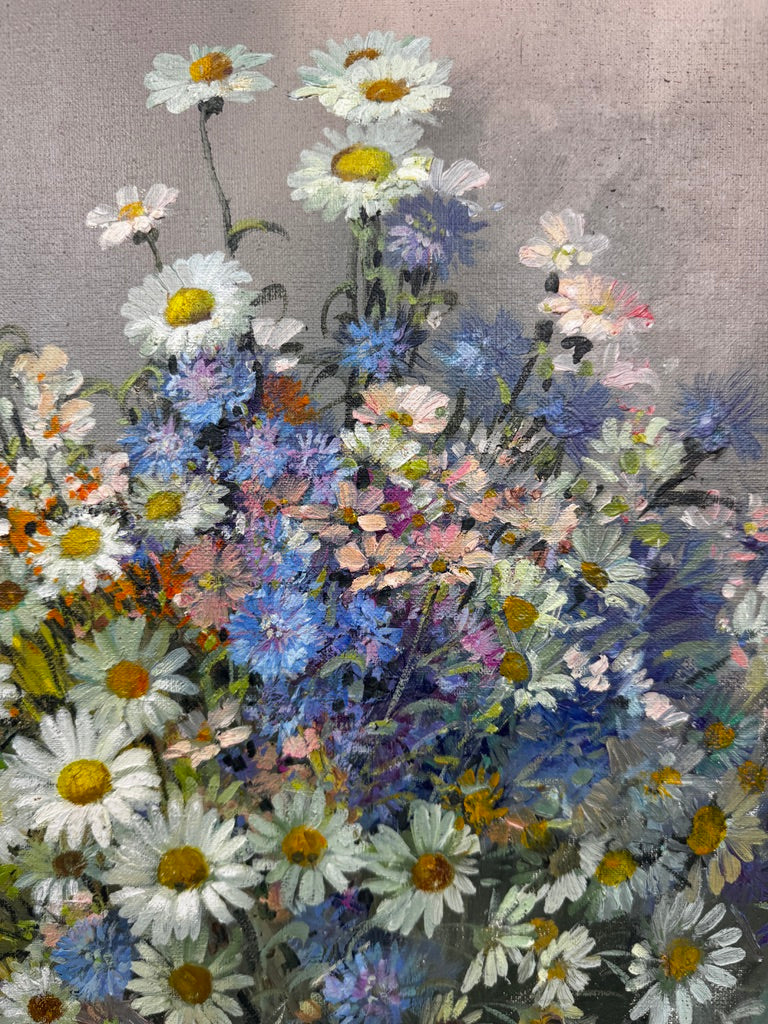 André Robert – Bouquet champêtre dans un pichet en grès – Huile sur toile, 90 × 70 cm