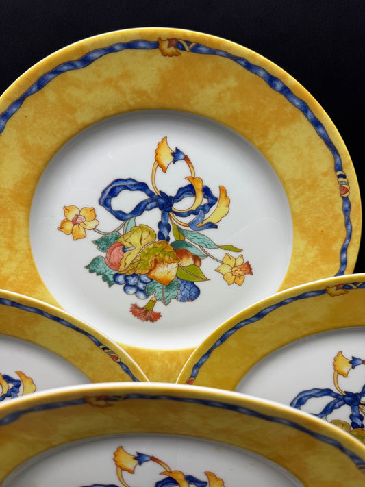 6 assiettes Bernardaud Limoges Borghese décor jaune fruits et ruban bleu