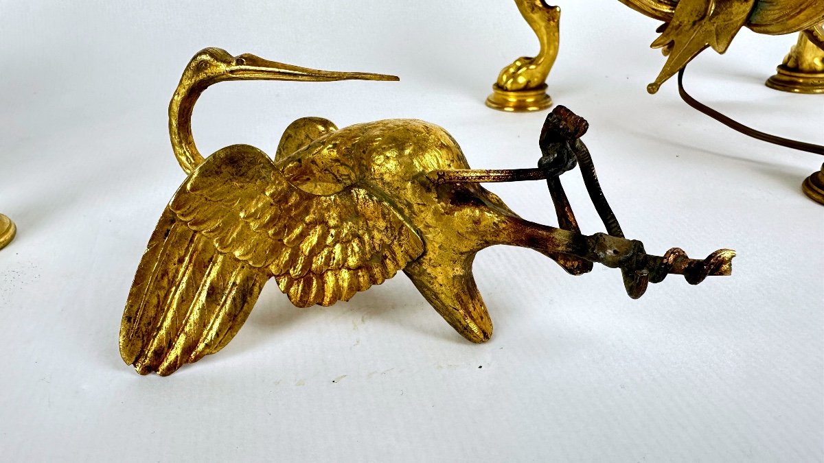 Paire de candélabres à la grue en bronze doré, modèle bambou — photo 2
