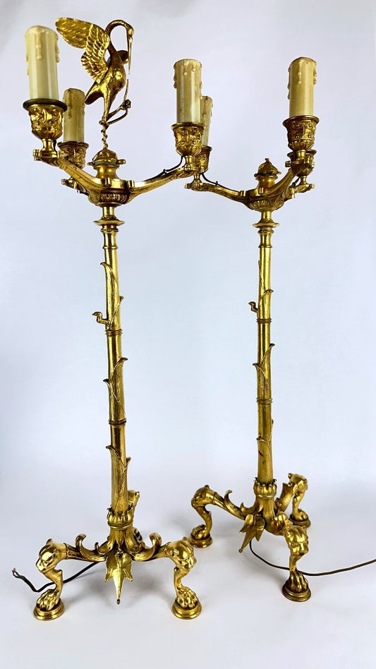 Paire de candélabres à la grue en bronze doré, modèle bambou — photo 1