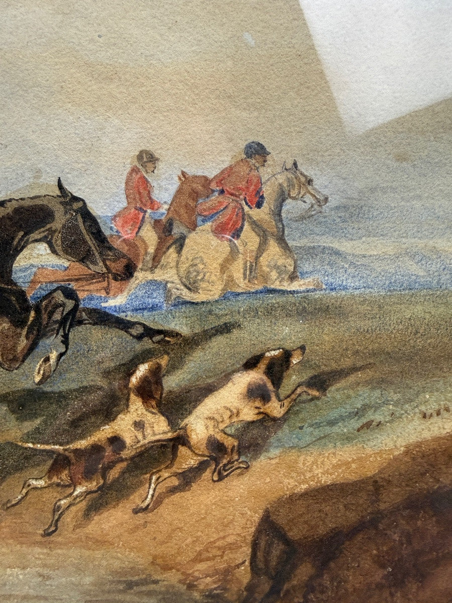 Aquarelle XIXe, scène de chasse à courre d'après Alfred de Dreux — photo 4