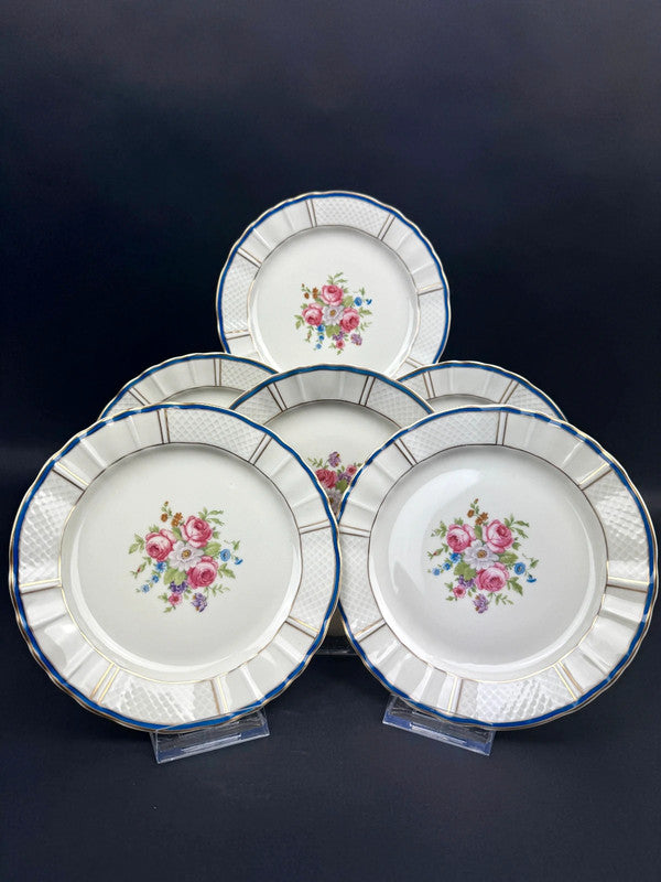 6 assiettes à dessert Bernardaud Limoges B&Co décor floral et filet bleu or