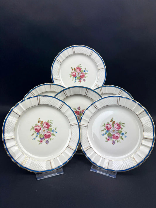 6 assiettes à dessert Bernardaud Limoges B&Co décor floral et filet bleu or