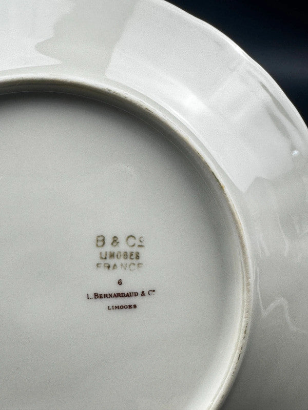 6 assiettes à dessert Bernardaud Limoges B&Co décor floral et filet bleu or