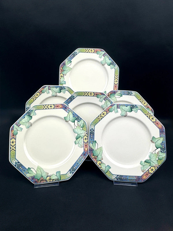 6 assiettes octogonales à dessert Villeroy & Boch Pasadena en porcelaine décor lierre