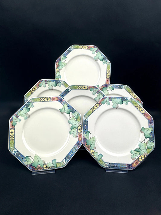 6 assiettes octogonales à dessert Villeroy & Boch Pasadena en porcelaine décor lierre