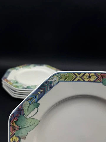 6 assiettes octogonales à dessert Villeroy & Boch Pasadena en porcelaine décor lierre