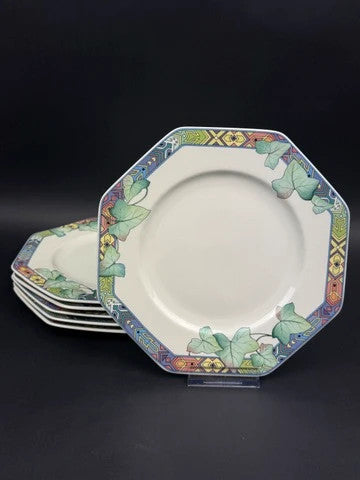 6 assiettes octogonales à dessert Villeroy & Boch Pasadena en porcelaine décor lierre