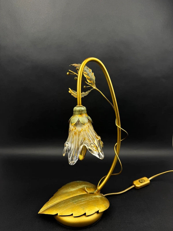 Lampe florale Masca Italie, métal doré et verre soufflé