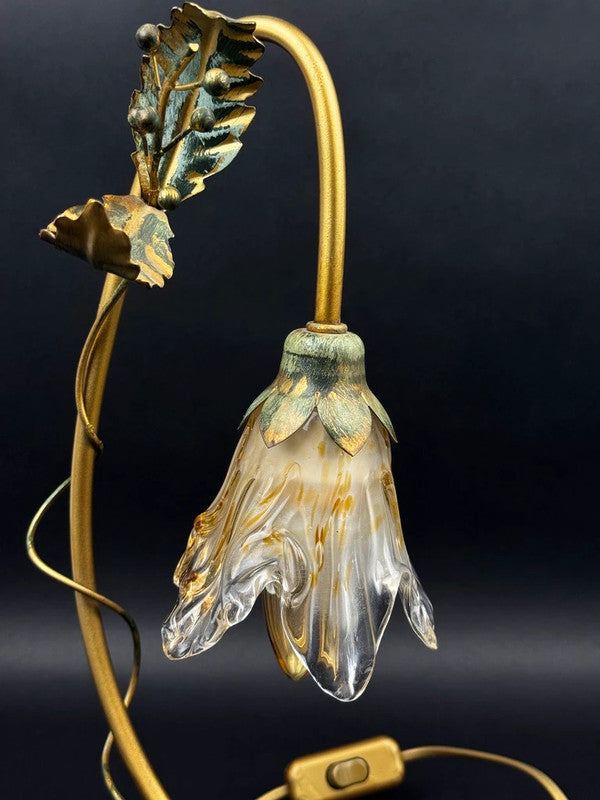 Lampe florale Masca Italie, métal doré et verre soufflé