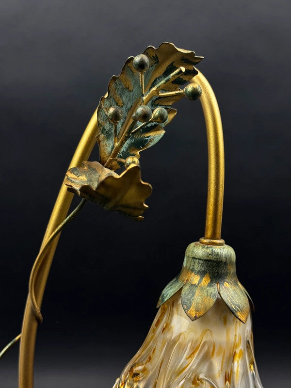 Lampe florale Masca Italie, métal doré et verre soufflé