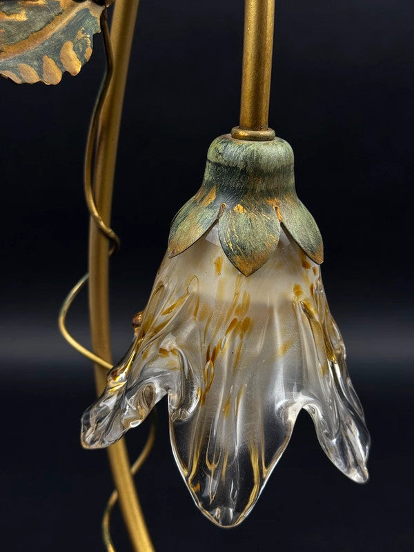 Lampe florale Masca Italie, métal doré et verre soufflé
