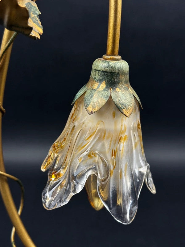Lampe florale Masca Italie, métal doré et verre soufflé