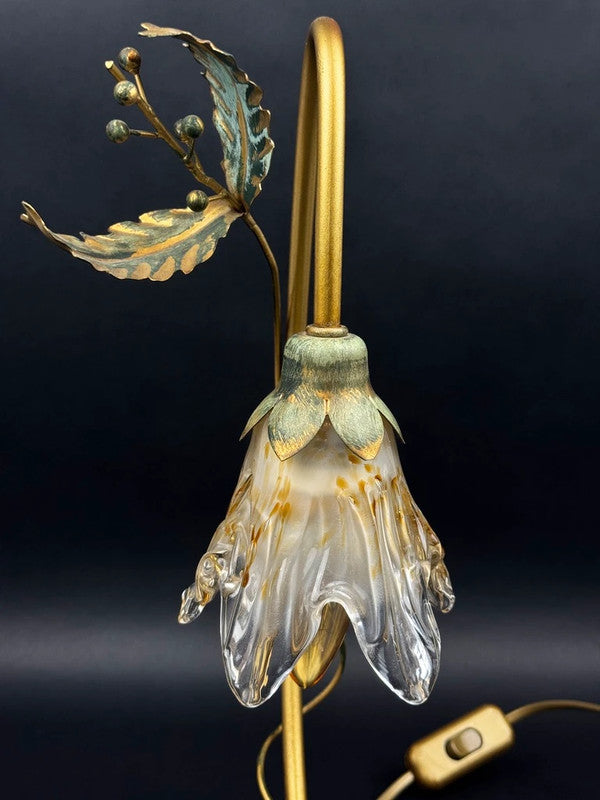 Lampe florale Masca Italie, métal doré et verre soufflé