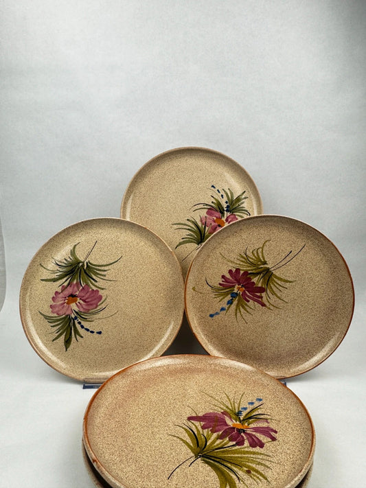 Lot 4 Assiettes Plates Vintage Grès Moucheté Fleur Rose | Diam. 25 cm